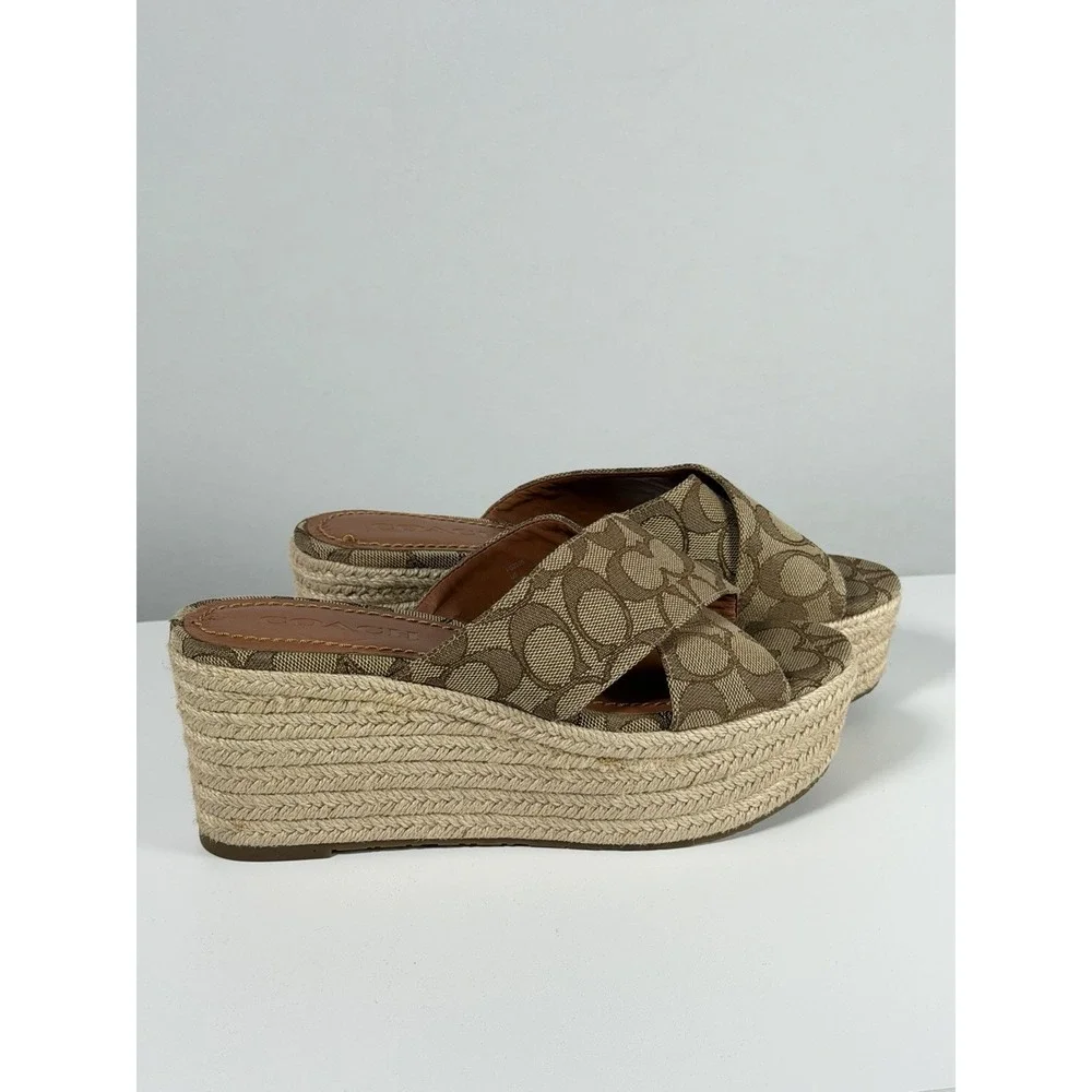 Womens Size 7.5B Coach Slide Espadrille Wedge With Signature Coach Print